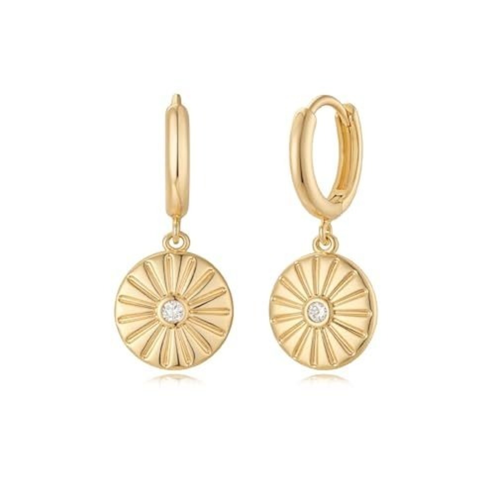 Gold Sunburst Huggie Hoop Earrings Celestial‎ Drop Cubic Zirconia Sun Medallion